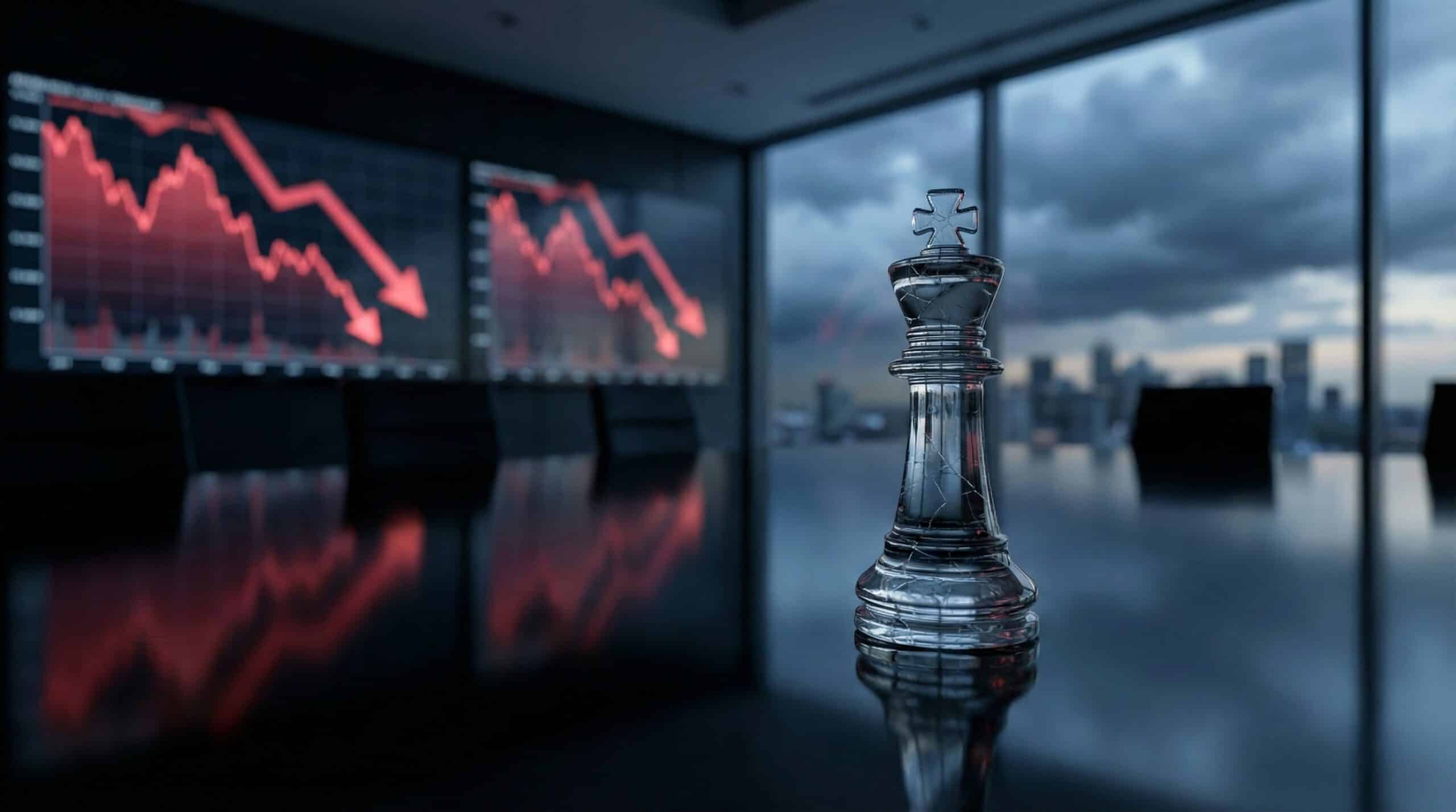 A solitary glass chess king piece on a dark boardroom table with volatile red financial graphs and storm clouds in the background, symbolizing corporate instability.