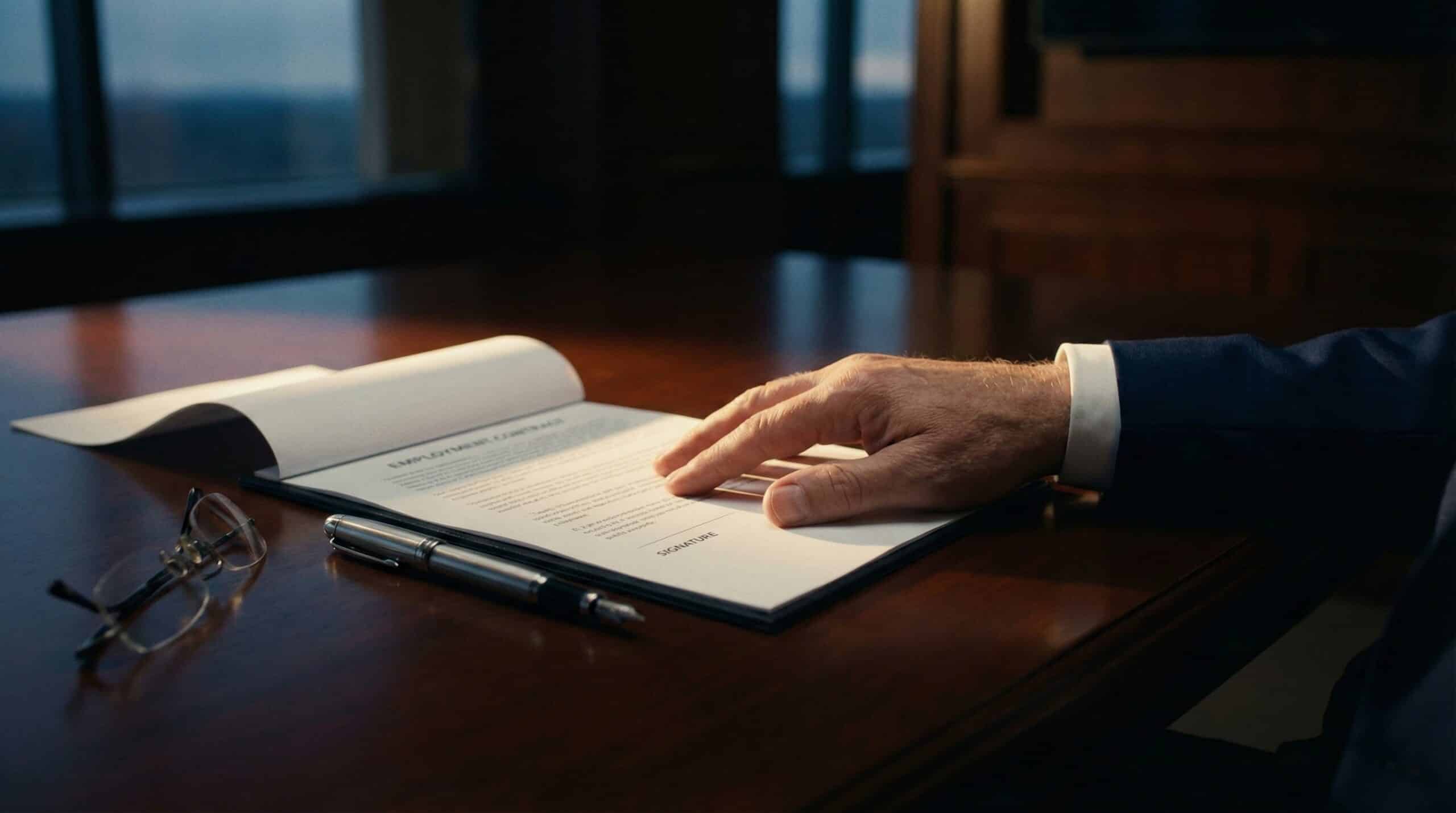 A cinematic photograph of a senior executive's hand resting on a corporate contract in a boardroom, with a silver pen and glasses, symbolizing high-stakes equity negotiation.