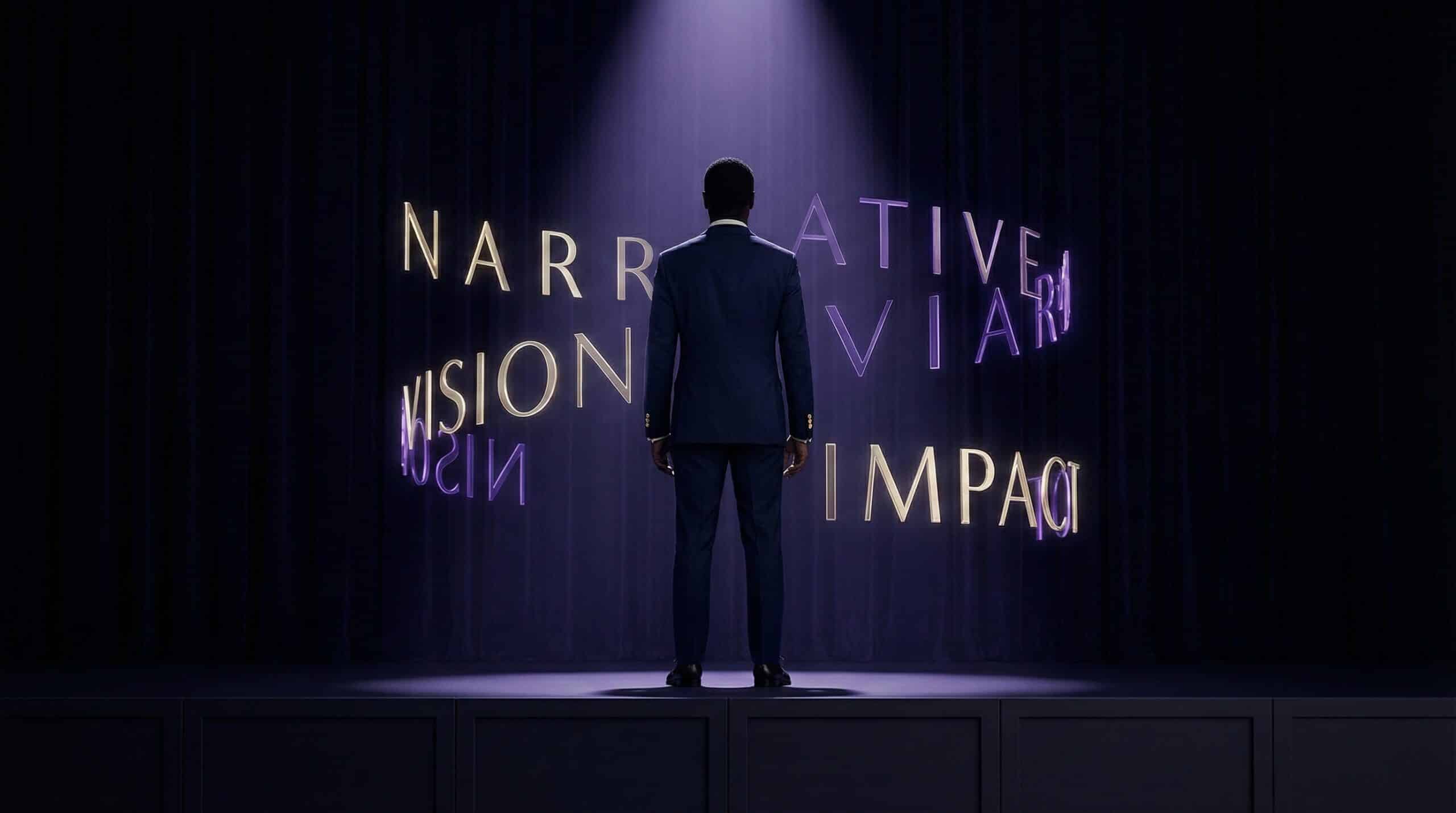 A dramatic silhouette of an executive on a stage, representing leadership presence and the power of storytelling in interviews.
