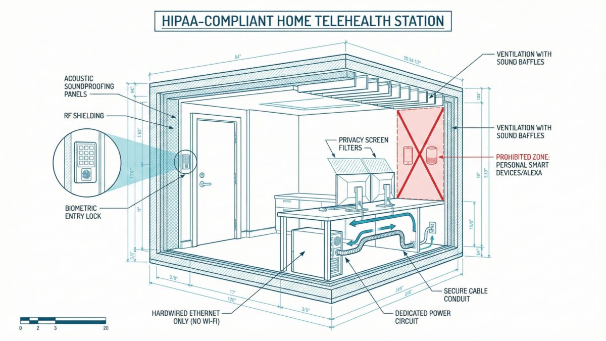 A technical blueprint diagram illustrating the mandatory requirements for a HIPAA-compliant home office for telehealth, featuring labels for hardwired ethernet, acoustic soundproofing, biometric locks, and privacy screens.