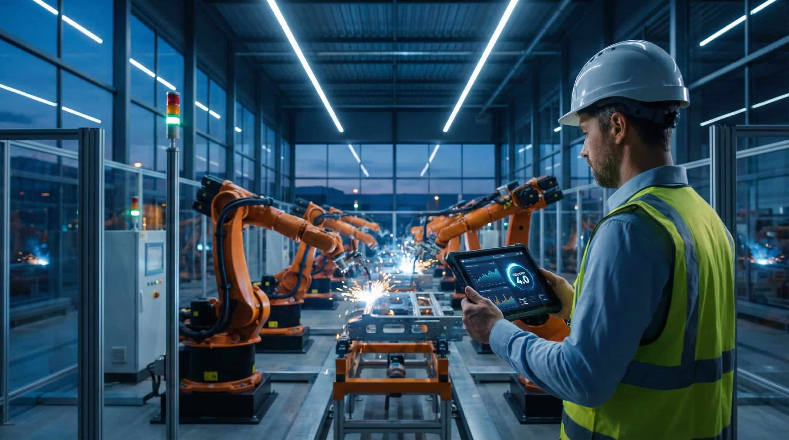 A modern industrial engineer with a tablet monitoring advanced robotic automation on a high-tech manufacturing floor.