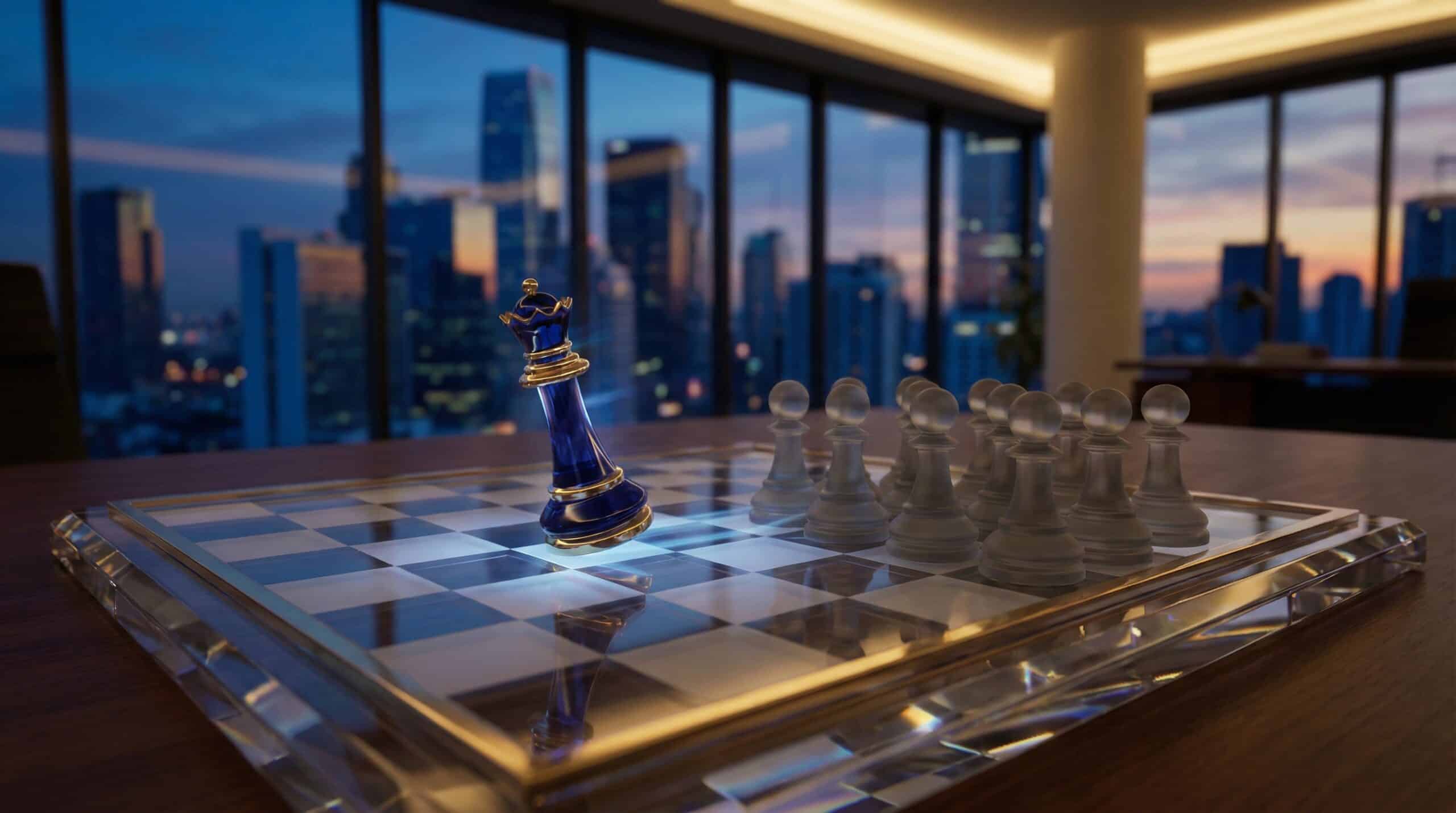 Strategic chess move on a glass board representing executive career positioning vs mass application.