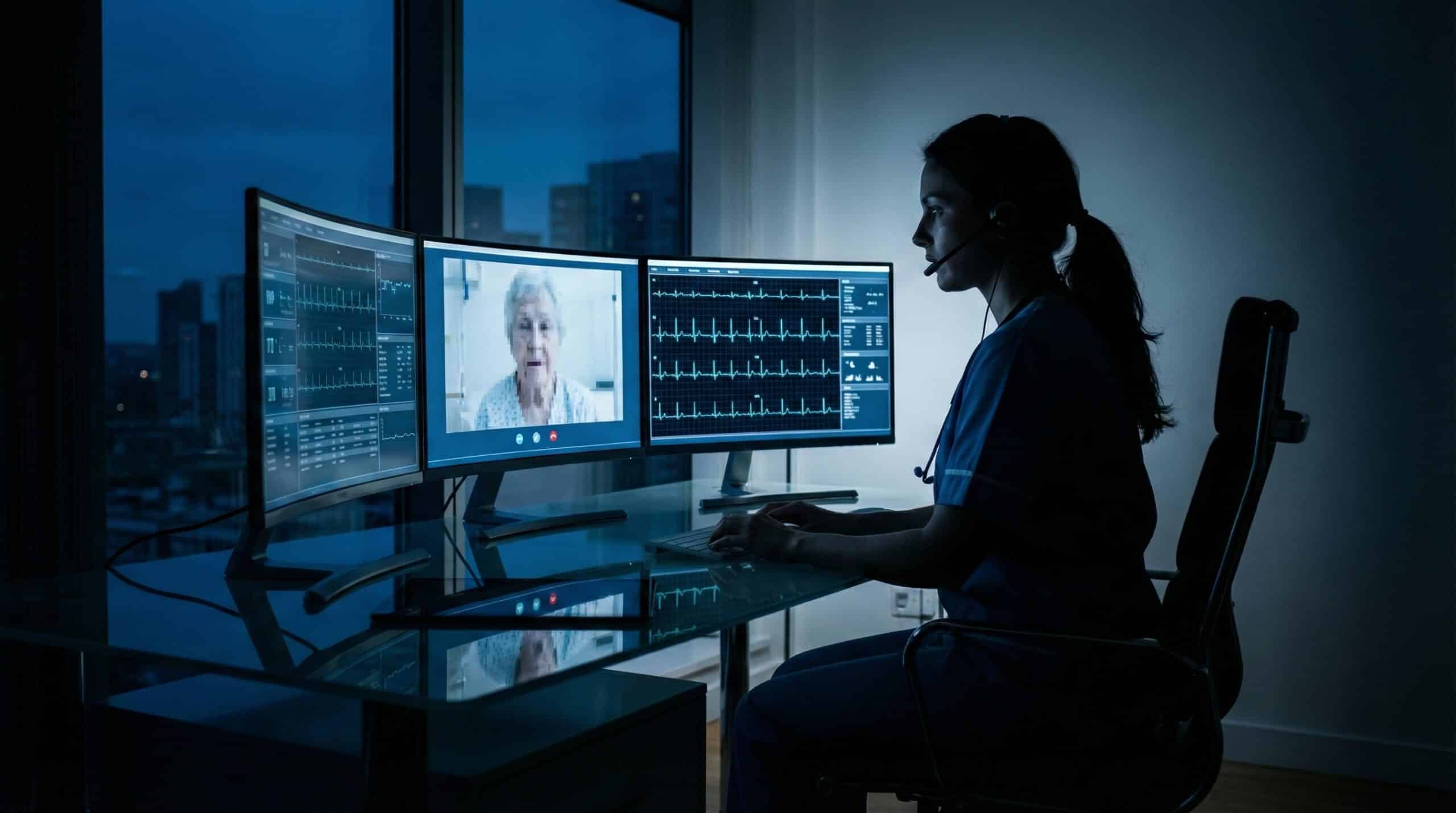 A remote telehealth nurse working in a dark home office, illuminated only by multiple screens of medical data, symbolizing the isolation and focus of digital healthcare.