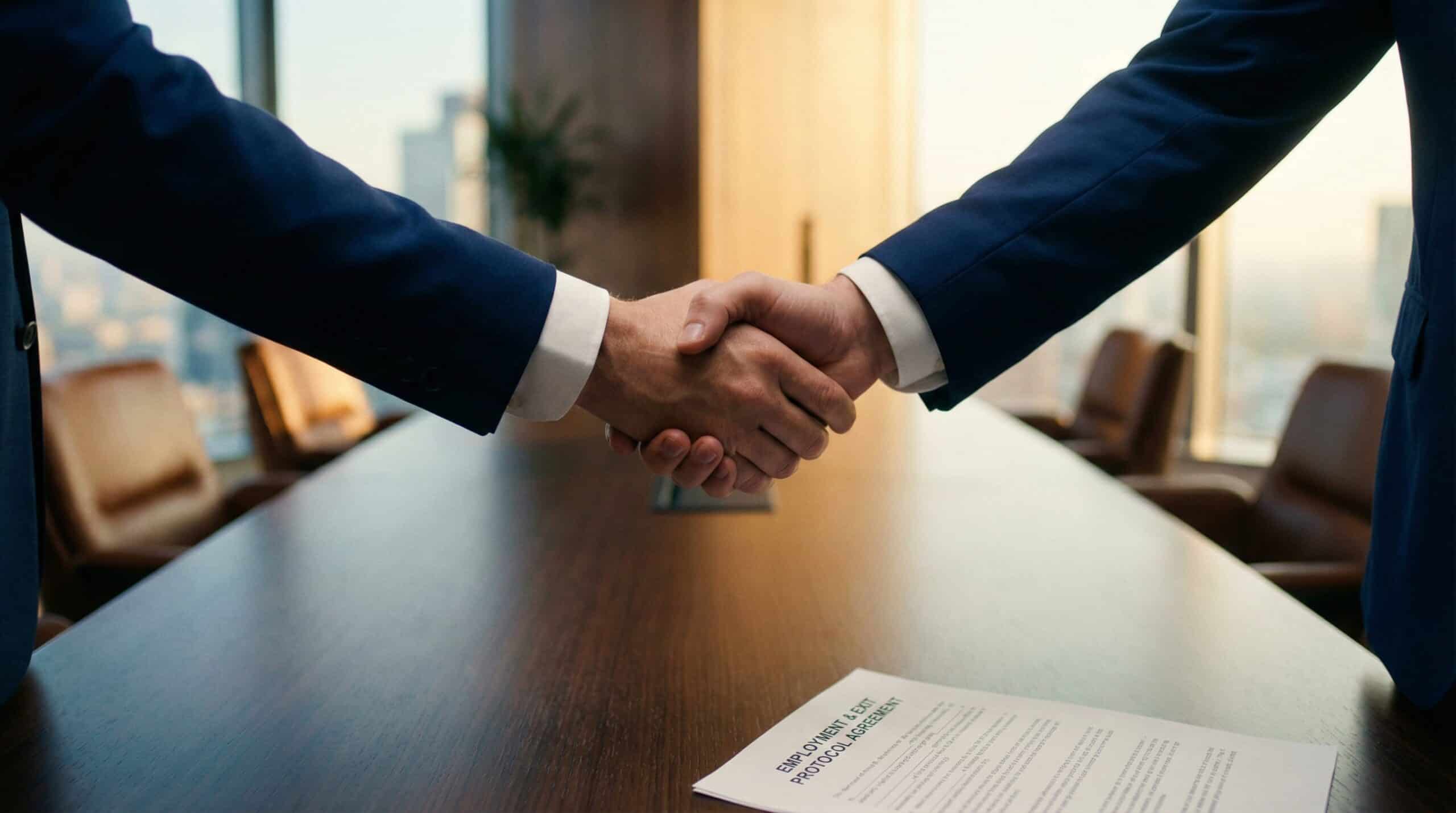 A cinematic photograph of two professionals in navy blue suits shaking hands over a legal document titled "EMPLOYMENT & EXIT PROTOCOL AGREEMENT" in a modern office.