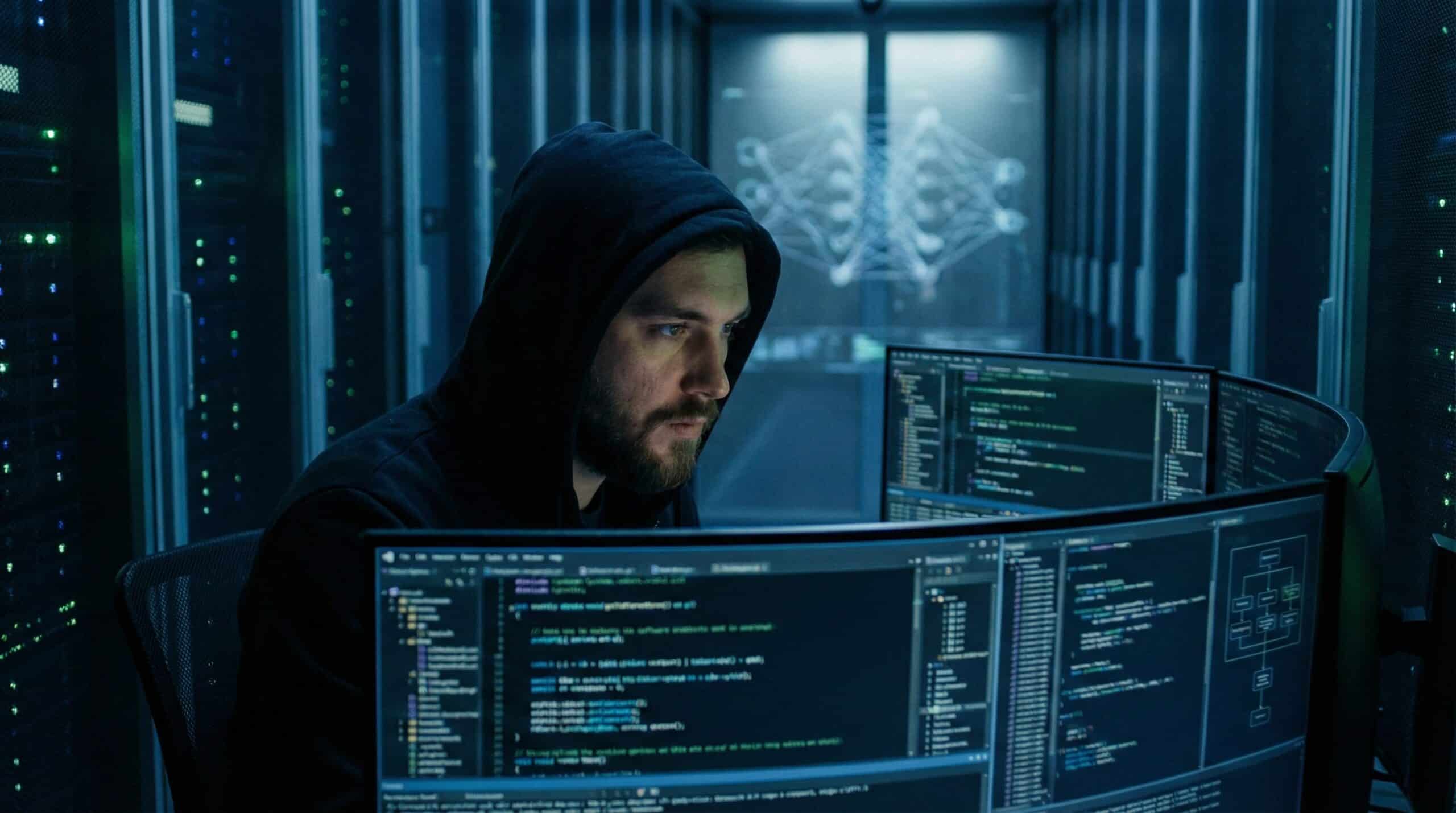A specialized human software engineer working on complex deep infrastructure code in a dark server room, contrasting with blurred AI automation symbols in the background.