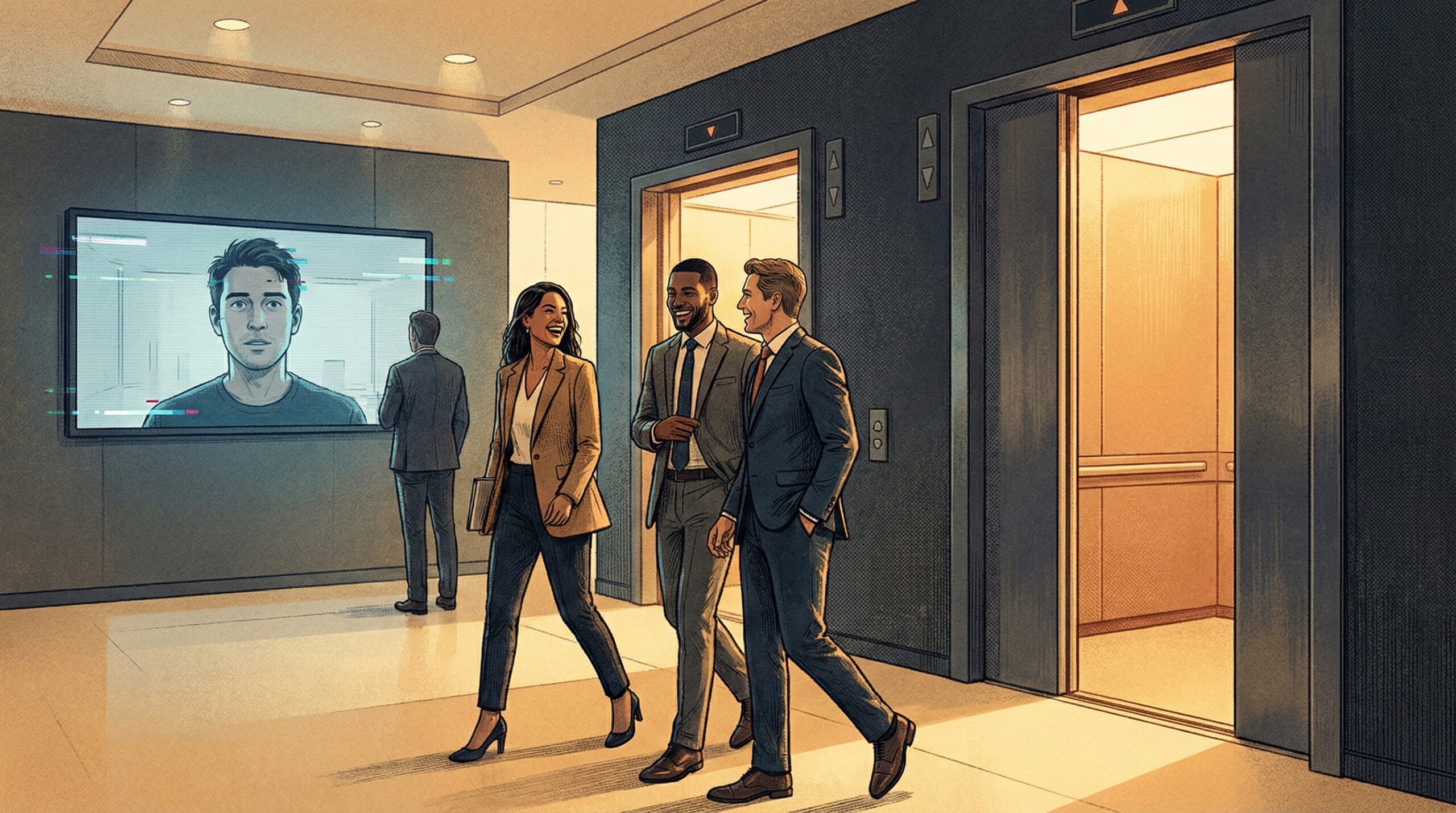 An editorial illustration showing in-office workers entering an elevator after a meeting while a remote colleague on a wall screen is left behind, symbolizing the proximity bias "Elevator Gap.