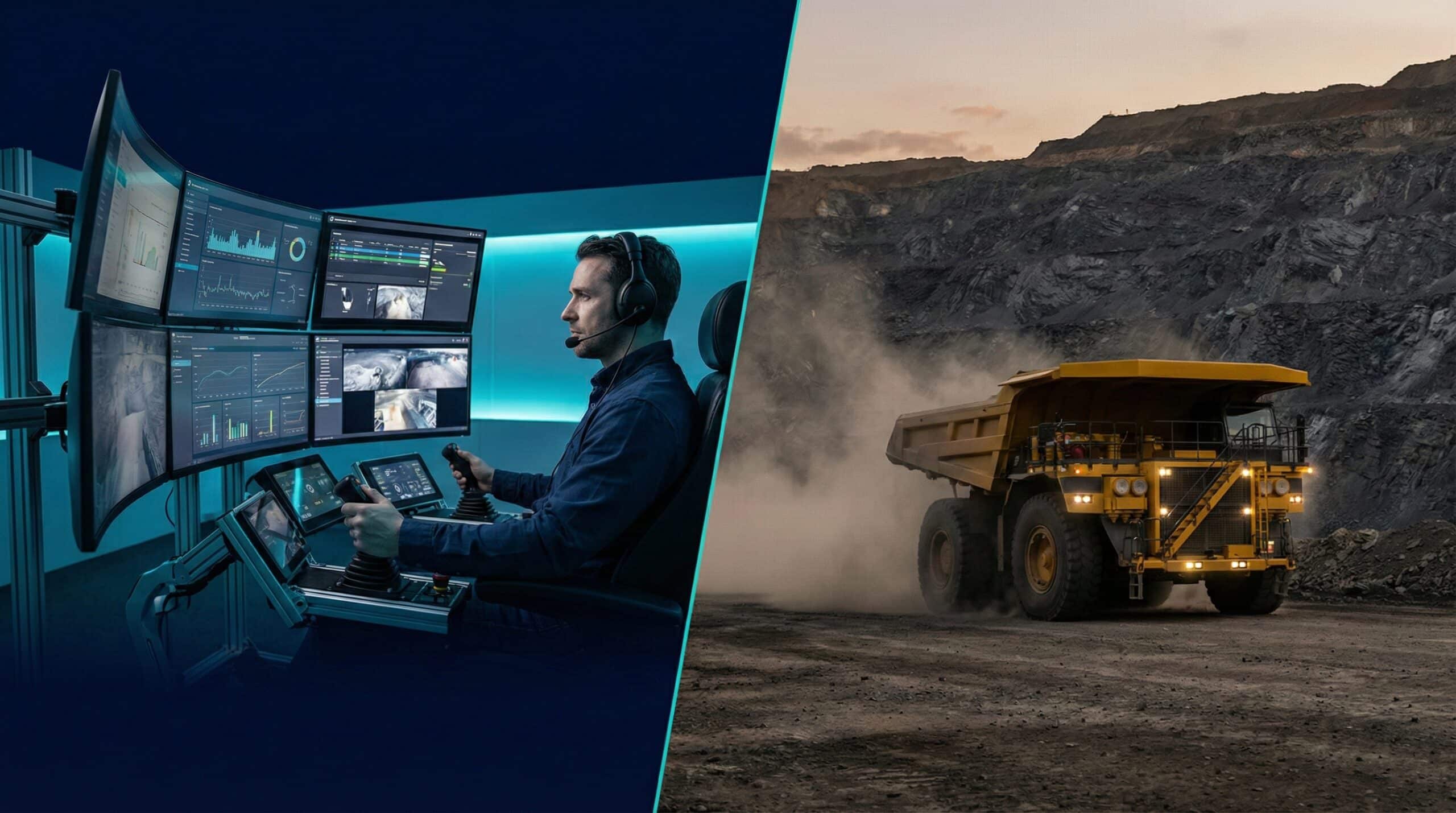 A cinematic split-screen photograph showing a high-tech navy blue remote control center with an operator on the left, contrasting with a massive yellow autonomous dump truck in a dusty mine pit on the right.