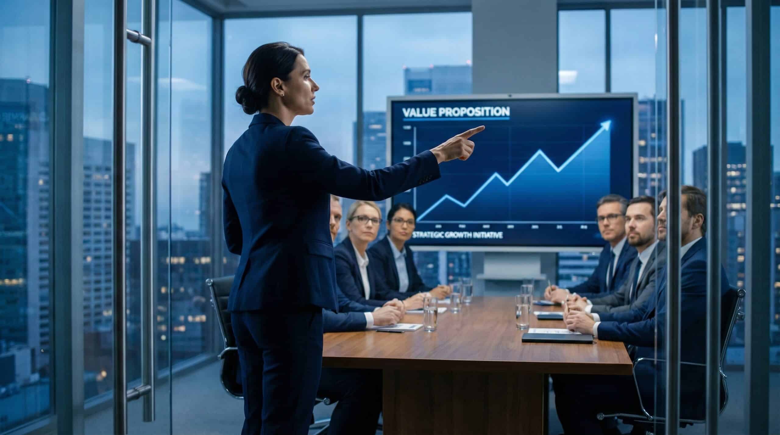 A cinematic photograph of a professional woman in a navy blue suit presenting a "Value Proposition" growth chart on a screen in a modern corporate boardroom.
