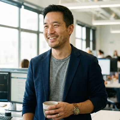 David Park, Lead Tech Curator and former software developer at The Work State, smiling in a modern tech office.