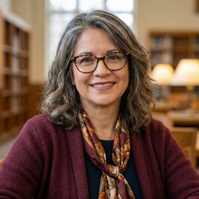 Elena Vasquez-Mendez, People and Culture Curator at The Work State, smiling in a university library setting wearing a burgundy cardigan and glasses.