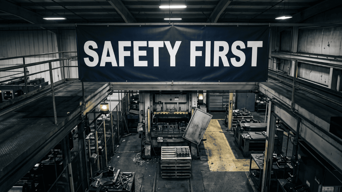 A pristine Safety First banner hanging above an industrial press line where the safety light curtain is dark, a machine guard hangs loose, and a pallet blocks a marked egress aisle.