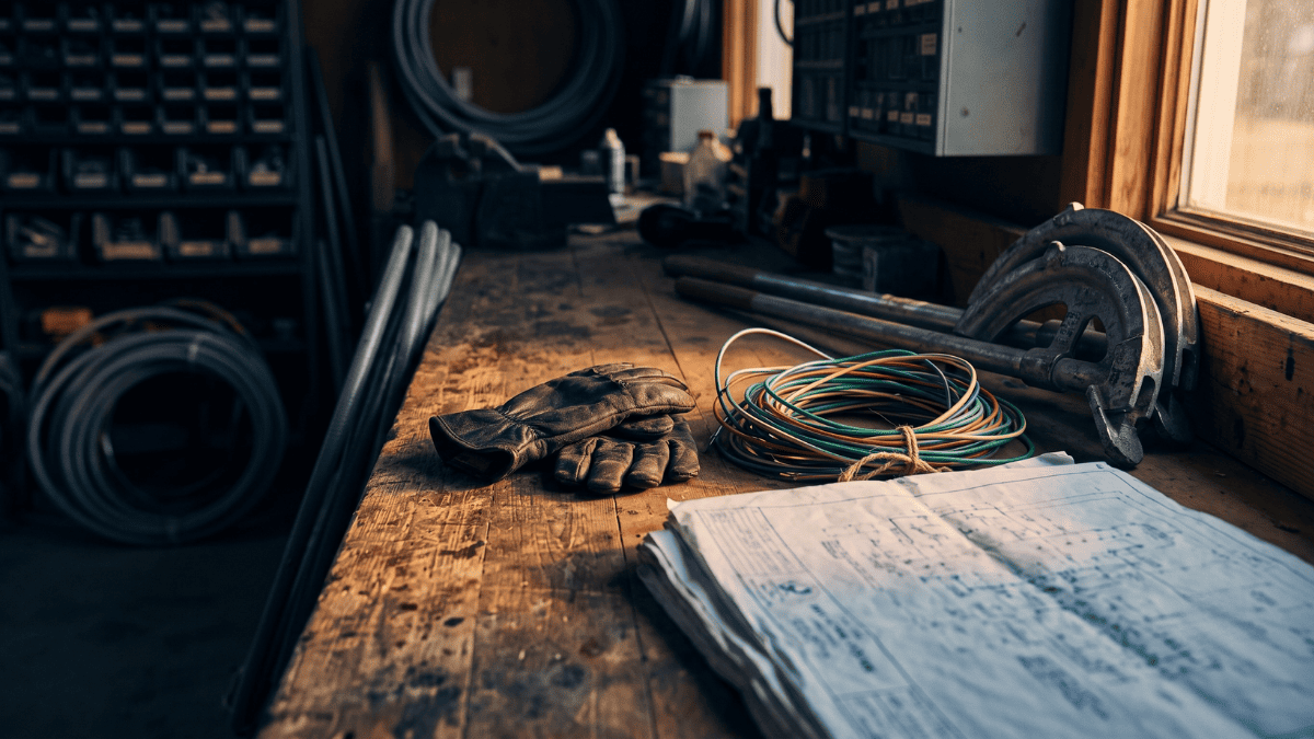 An electrical contractor workbench at dusk with conduit benders, a coil of wire, folded prints and worn leather gloves.