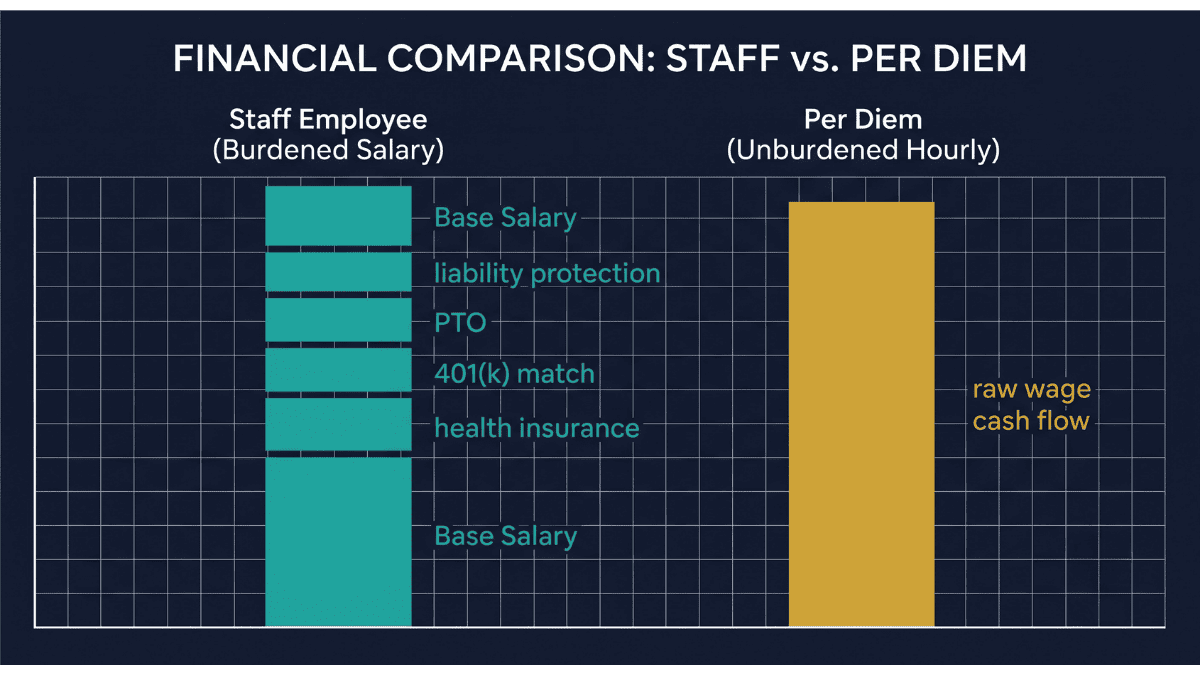 A technical financial diagram comparing fully burdened staff nurse compensation packages against unburdened per diem hourly pay scales.