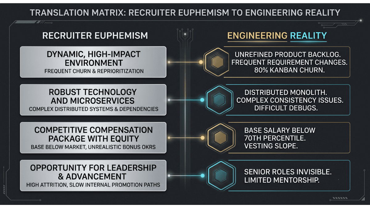 An analytical matrix mapping recruiting euphemisms like legacy modernization opportunity directly to underlying engineering debt realities.