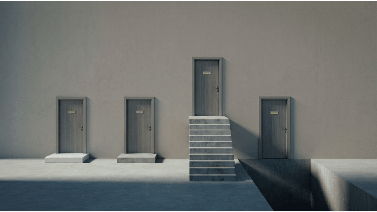 Four identical doors in one wall, each with a different approach in front of it — a short step, a longer step, a steep flight of stairs, and a gap in the floor dropping into shadow.