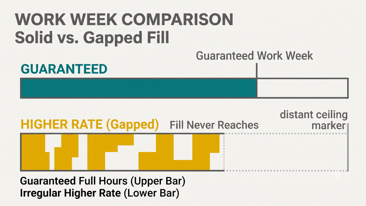 A bar comparison showing a lower hourly rate filling a full guaranteed week against a higher hourly rate that fills only about half its week, with a dotted outline reaching an unmet ceiling.