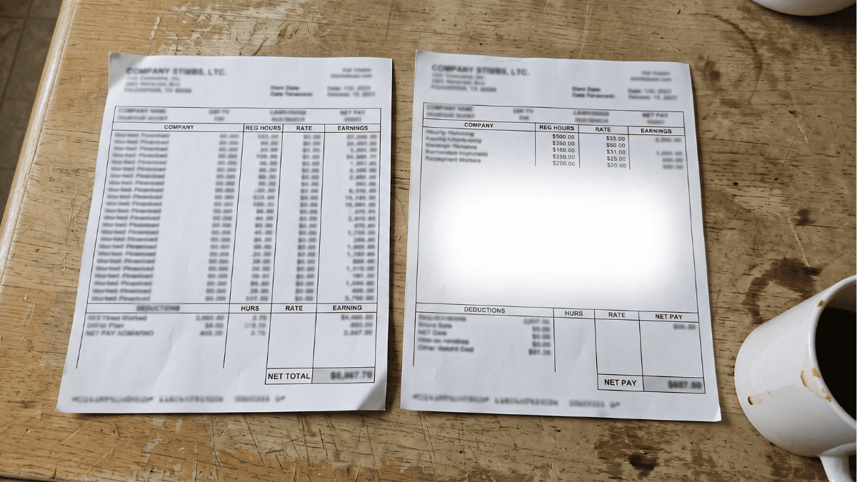 Two paycheck stubs side by side on a kitchen table, the one with the higher hourly figure showing visibly fewer hours and a smaller net amount.