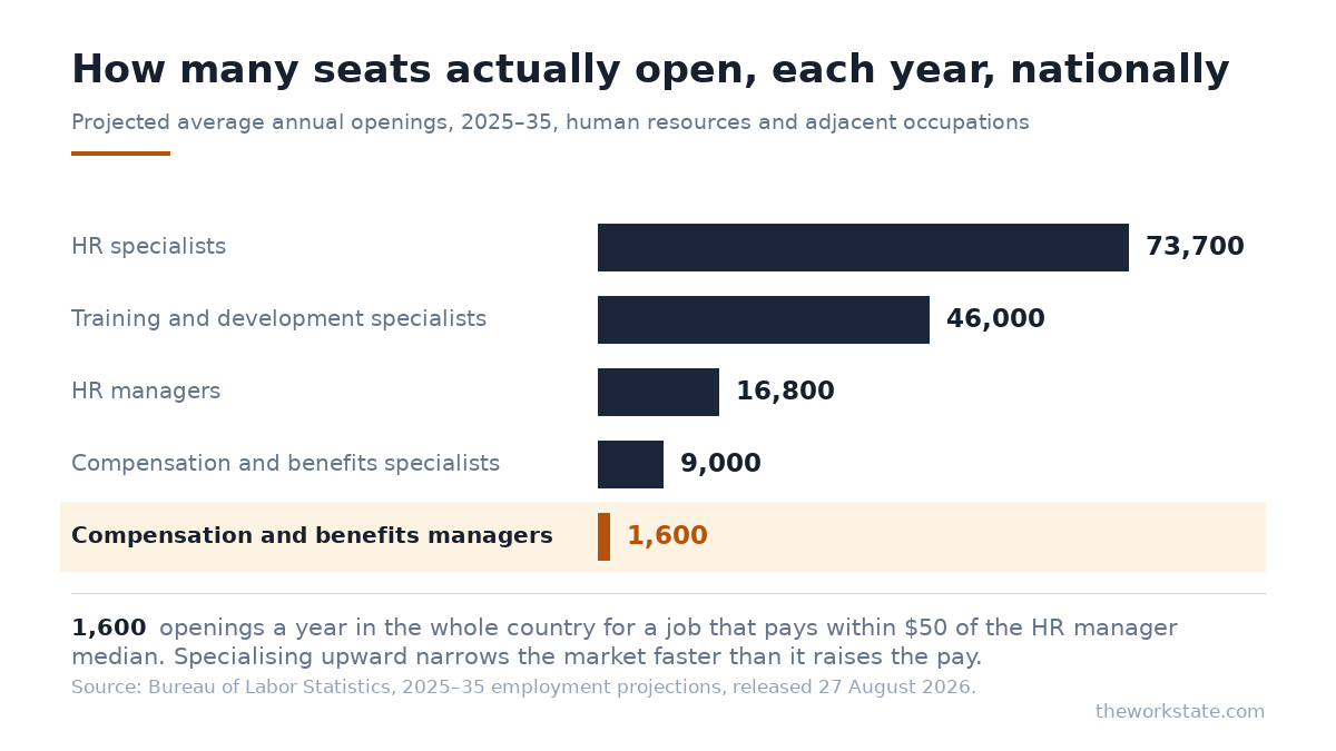 Projected average annual openings 2025 to 2035: HR specialists 73,700, training and development specialists 46,000, HR managers 16,800, compensation and benefits specialists 9,000, compensation and benefits managers 1,600.