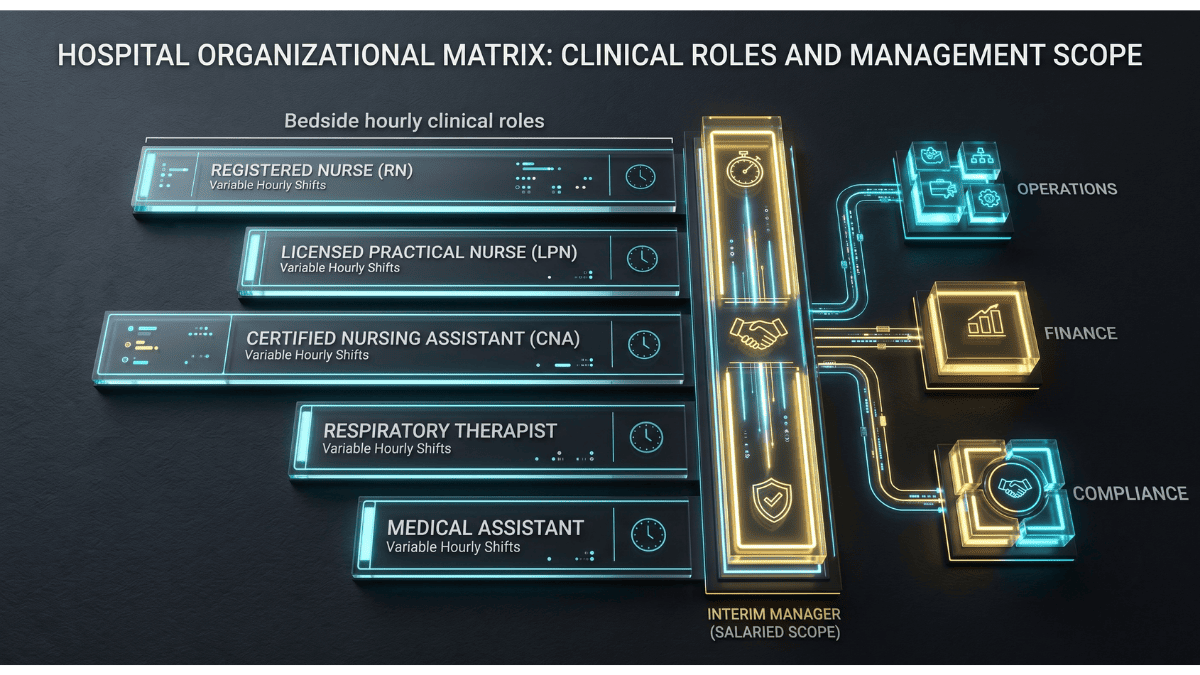 A visual workflow illustrating the operational difference between bedside hourly labor and interim salaried management contracts.