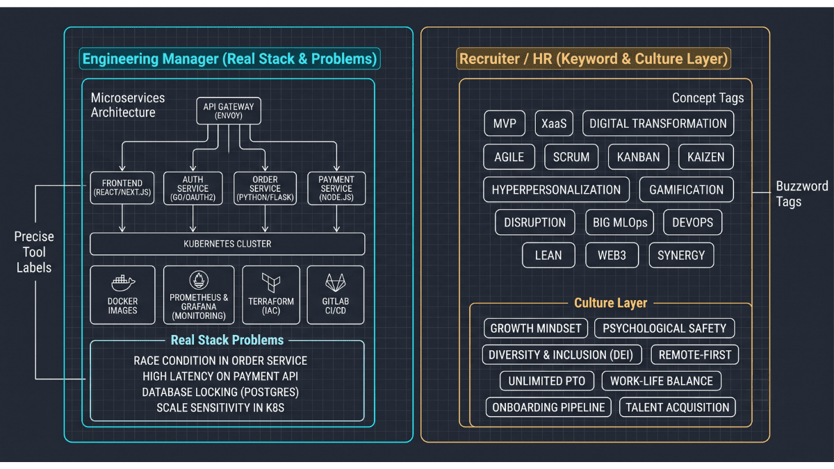 A technical diagram contrasting engineering manager inputs like specific stack versions against recruiter inputs like inflated years of experience and culture buzzwords.