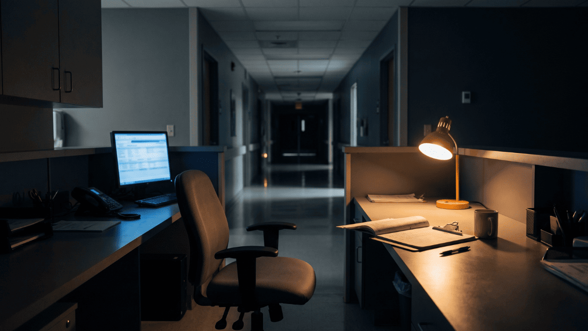A darkened hospital nurses station after midnight, lit only by a single amber desk lamp and the blue glow of a monitor, with an empty chair and an open chart.