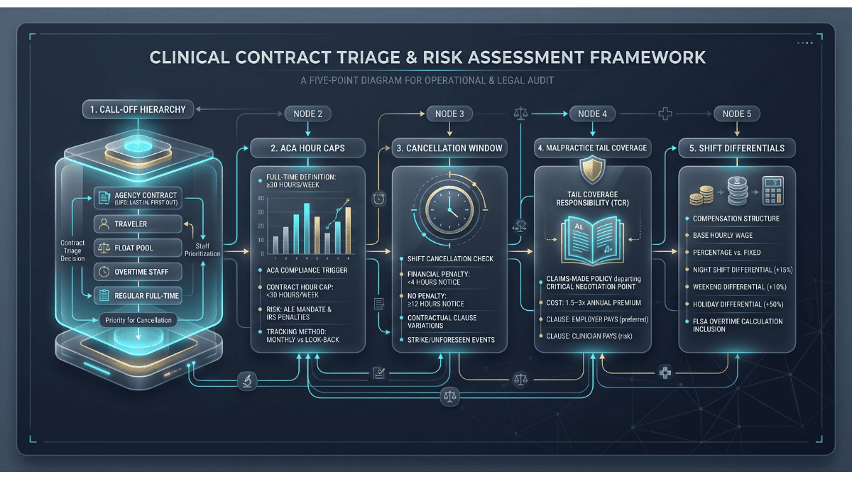 A technical audit flow chart detailing critical questions clinicians must ask hospital recruiters before accepting per diem or contract positions.