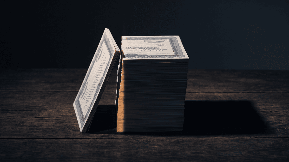 A stack of share certificates divided by a line of light, the withheld portion visibly smaller than the shadow of what is actually owed.