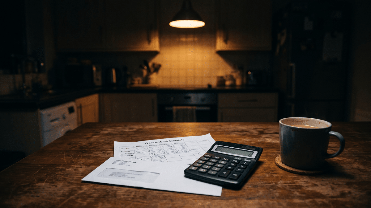 A kitchen table at night under a single lamp, with a printed weekly work schedule, a calculator, an eligibility letter and a mug.